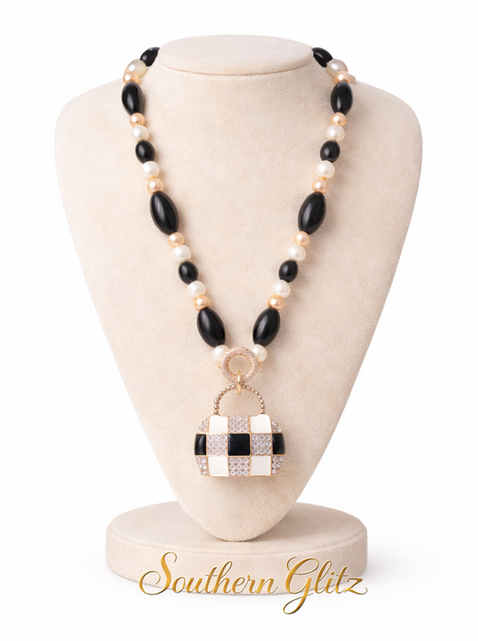 Black & Pearl Statement Necklace with Rhinestone purse Pendant | Elegant Gold & Ivory Beaded Necklace | Southern Glitz Boutique Jewelry
