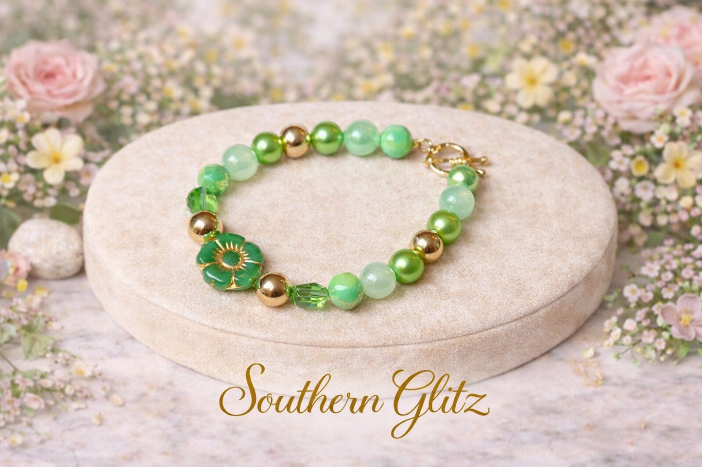 Spring Meadow Bloom Bracelet – Green Beaded Floral Charm Bracelet – Gold Accent Spring Jewelry – Handmade Nature Inspired Bracelet – Southern Glitz