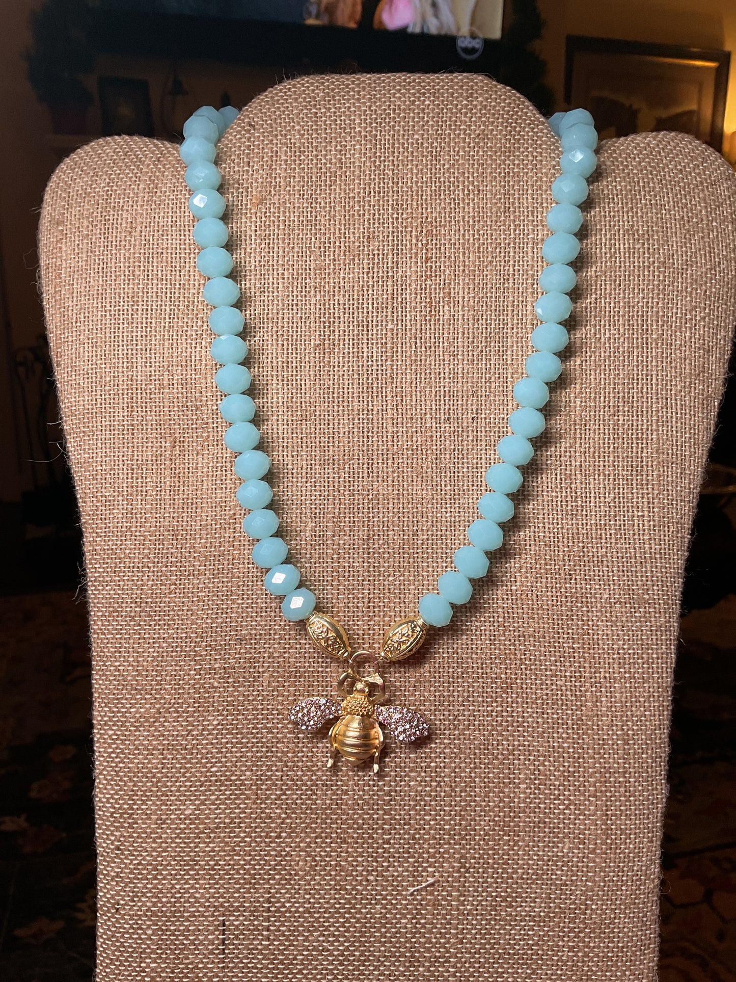 Soft Blue Bee Pendant Necklace – Gold Bumblebee Charm Necklace – Southern Glitz Spring Jewelry – Blue Beaded Statement Necklace – Nature Inspired Gift for Her