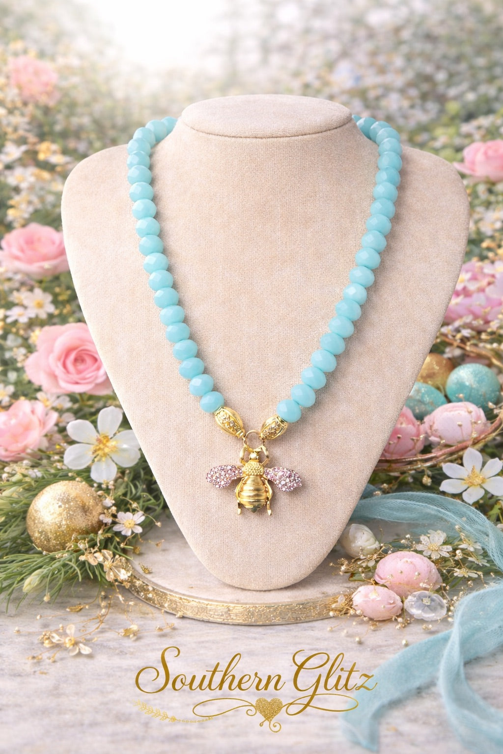 Soft Blue Bee Pendant Necklace – Gold Bumblebee Charm Necklace – Southern Glitz Spring Jewelry – Blue Beaded Statement Necklace – Nature Inspired Gift for Her