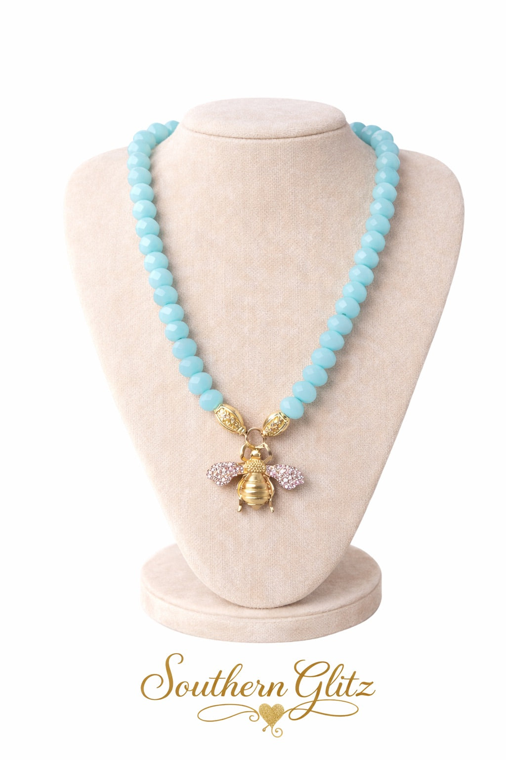 Soft Blue Bee Pendant Necklace – Gold Bumblebee Charm Necklace – Southern Glitz Spring Jewelry – Blue Beaded Statement Necklace – Nature Inspired Gift for Her