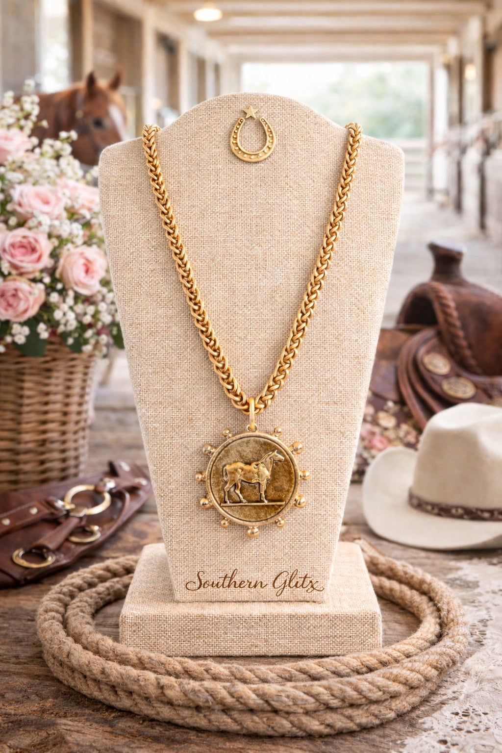Gold Horse Medallion Necklace | Equestrian Coin Pendant Necklace | Southern Glitz Horse Jewelry | Western English Riding Gift