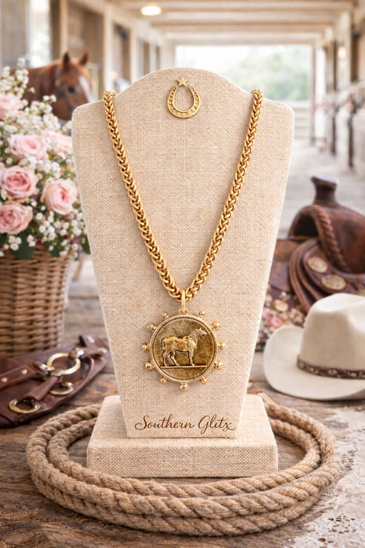 Gold Horse Medallion Necklace | Equestrian Coin Pendant Necklace | Southern Glitz Horse Jewelry | Western English Riding Gift