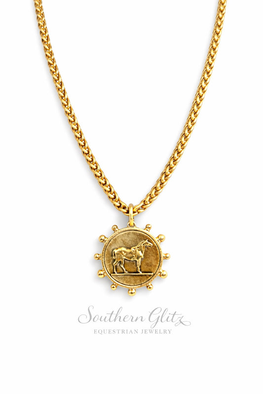 Gold Horse Medallion Necklace | Equestrian Coin Pendant Necklace | Southern Glitz Horse Jewelry | Western English Riding Gift
