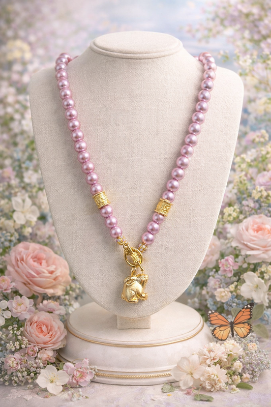 Pink/purple Pearl Statement Necklace with Gold Charm – Feminine Spring Jewelry – Elegant Pearl Necklace – Boutique Jewelry – Southern Glitz
