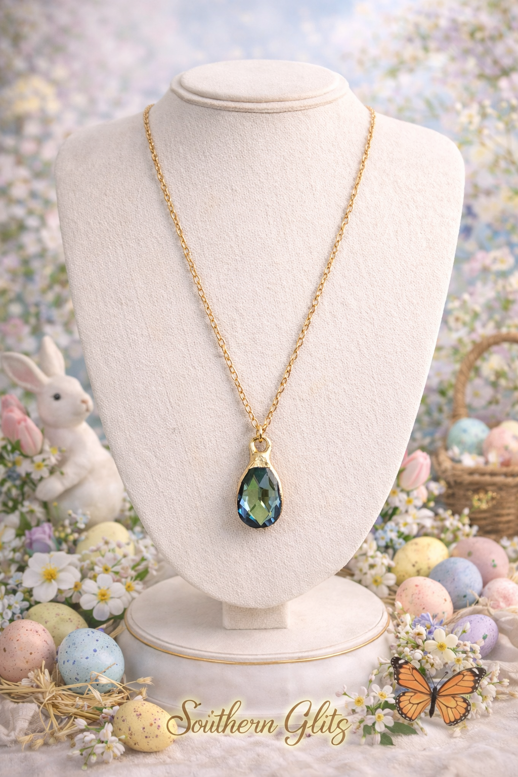 Blue Crystal Teardrop Necklace – Gold Pendant Necklace – Elegant Spring Jewelry – Easter Jewelry – Bridesmaid Gift – Southern Glitz