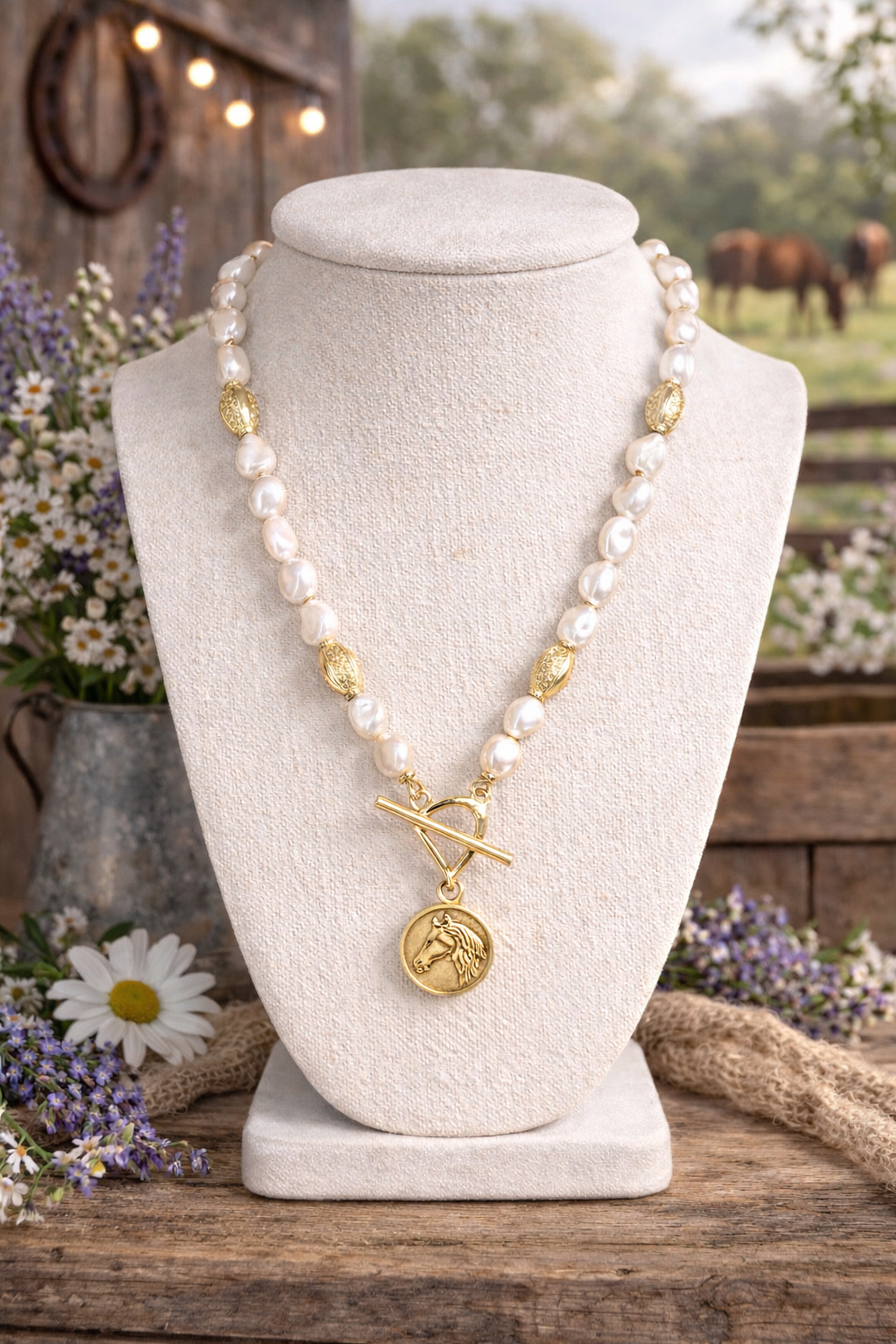 Freshwater Pearl & Gold Horse Medallion Necklace – Equestrian Toggle Pendant | Southern Glitz