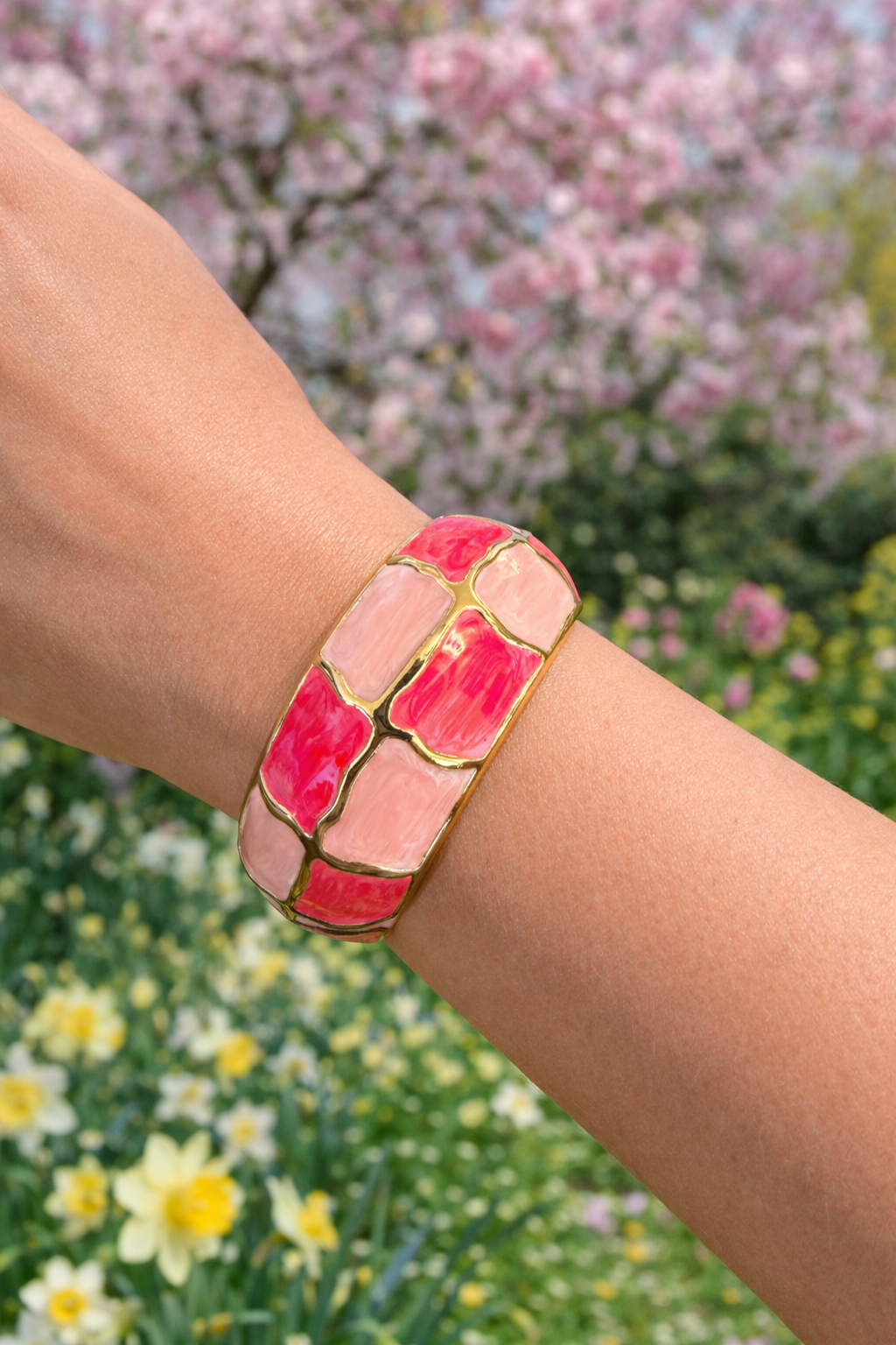 Pink Enamel Gold Statement Bracelet – Southern Glitz Bold Bangle