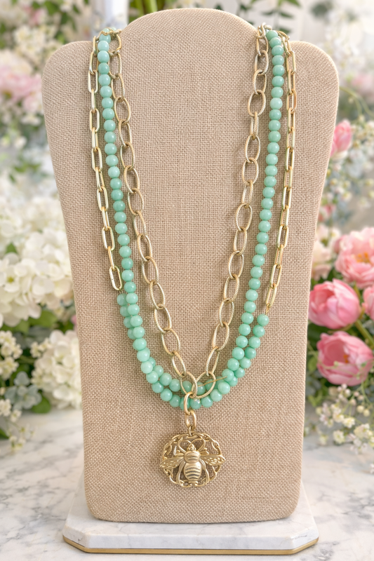Southern Glitz Bee Pendant Necklace | Green Beaded Layered Necklace | Gold Chain Statement Necklace | Spring Garden Jewelry