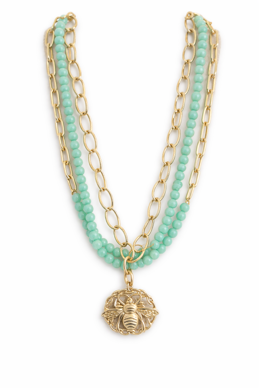 Southern Glitz Bee Pendant Necklace | Green Beaded Layered Necklace | Gold Chain Statement Necklace | Spring Garden Jewelry