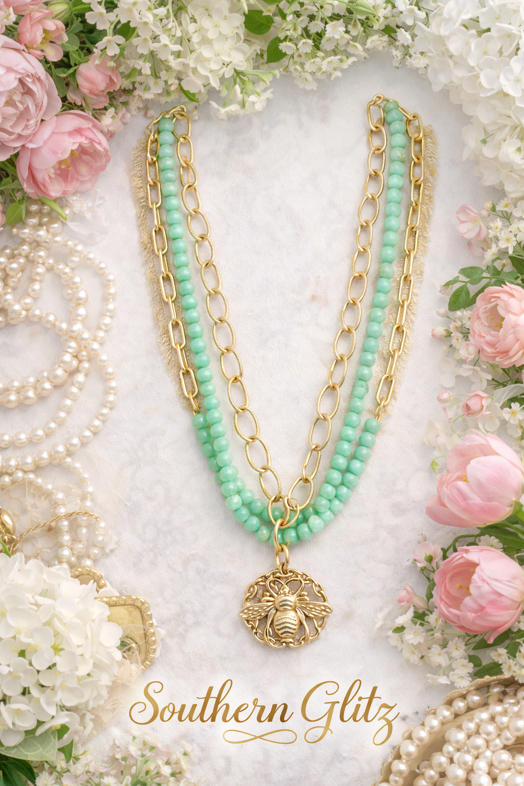 Southern Glitz Bee Pendant Necklace | Green Beaded Layered Necklace | Gold Chain Statement Necklace | Spring Garden Jewelry