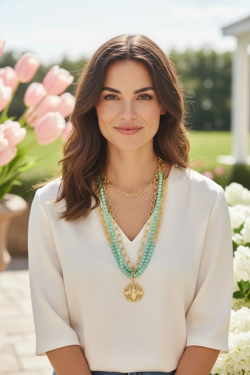 Southern Glitz Bee Pendant Necklace | Green Beaded Layered Necklace | Gold Chain Statement Necklace | Spring Garden Jewelry