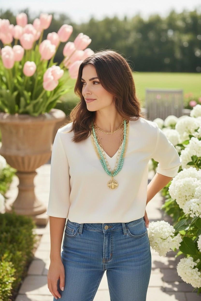 Southern Glitz Bee Pendant Necklace | Green Beaded Layered Necklace | Gold Chain Statement Necklace | Spring Garden Jewelry