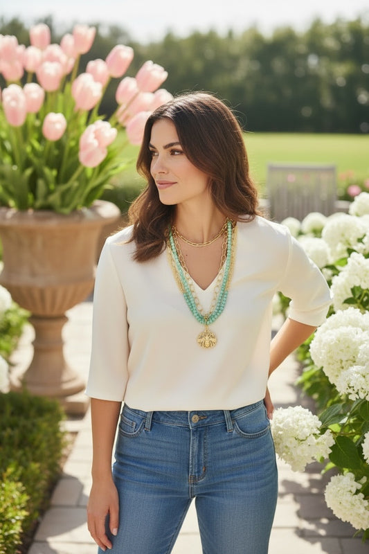 Southern Glitz Bee Pendant Necklace | Green Beaded Layered Necklace | Gold Chain Statement Necklace | Spring Garden Jewelry