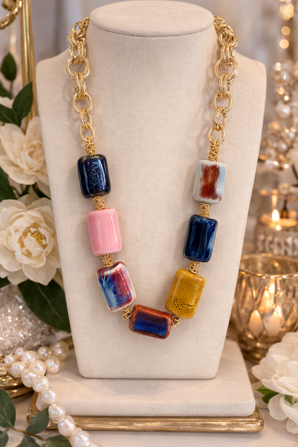 Colorful Statement Necklace, Chunky Gold Chain Necklace, Bold Beaded Necklace, Multicolor Pendant Necklace, Statement Jewelry, Fashion Necklace