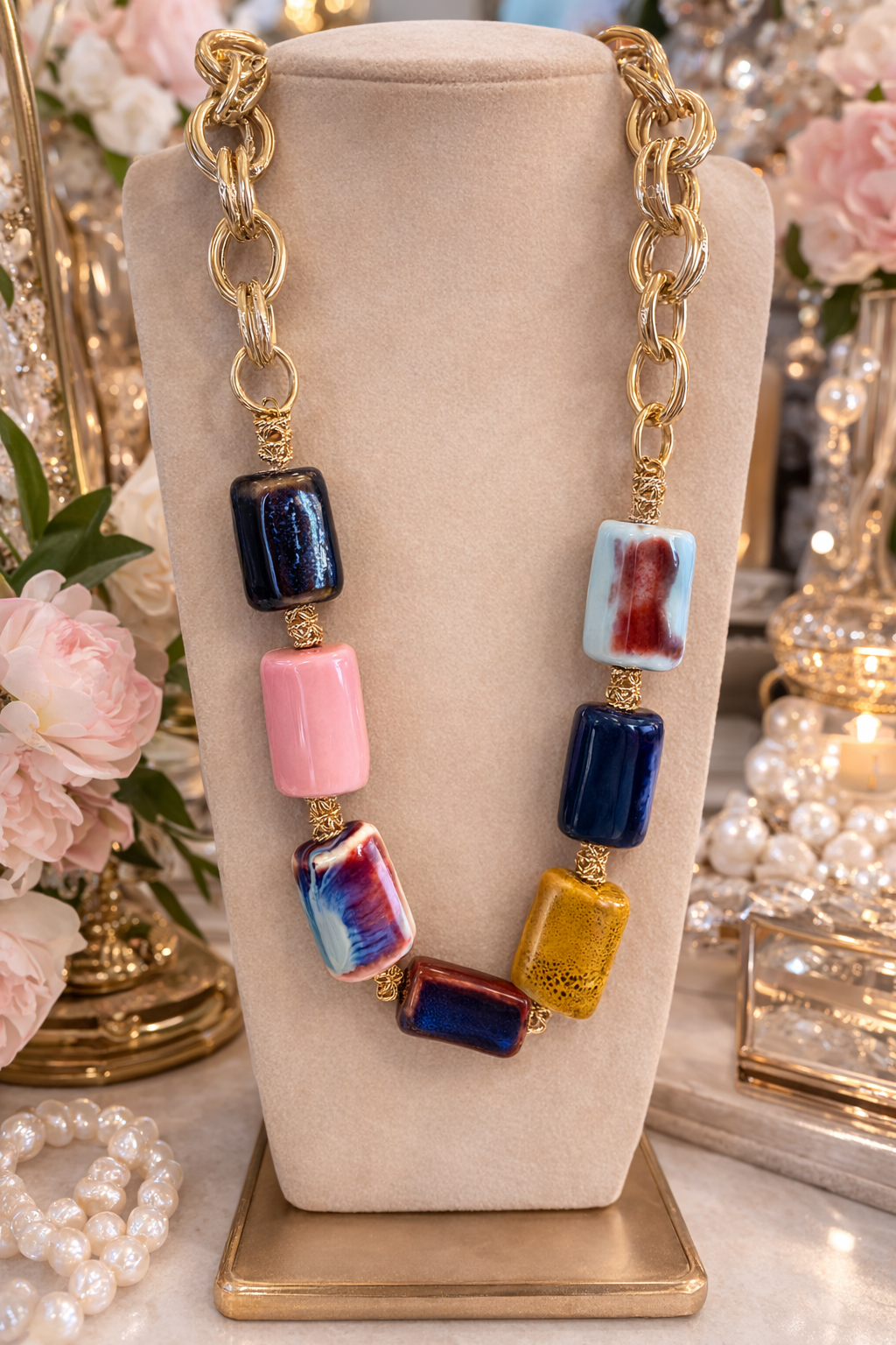 Colorful Statement Necklace, Chunky Gold Chain Necklace, Bold Beaded Necklace, Multicolor Pendant Necklace, Statement Jewelry, Fashion Necklace
