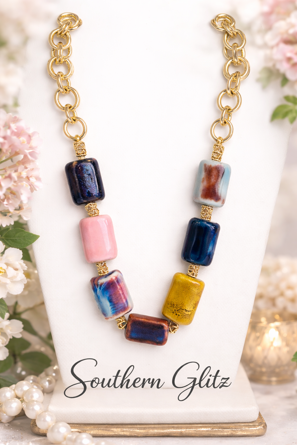 Colorful Statement Necklace, Chunky Gold Chain Necklace, Bold Beaded Necklace, Multicolor Pendant Necklace, Statement Jewelry, Fashion Necklace