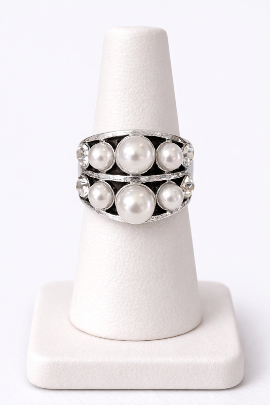 Silver Pearl Statement Ring, Chunky Pearl Ring, Bold Cocktail Ring, Vintage Style Ring, Adjustable Ring, Designer Inspired Jewelry