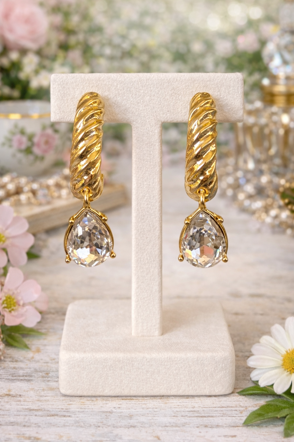 Gold Crystal Drop Earrings, Twisted Gold Hoop Earrings, Bridal Earrings, Teardrop Earrings, Elegant Statement Earrings, Wedding Jewelry