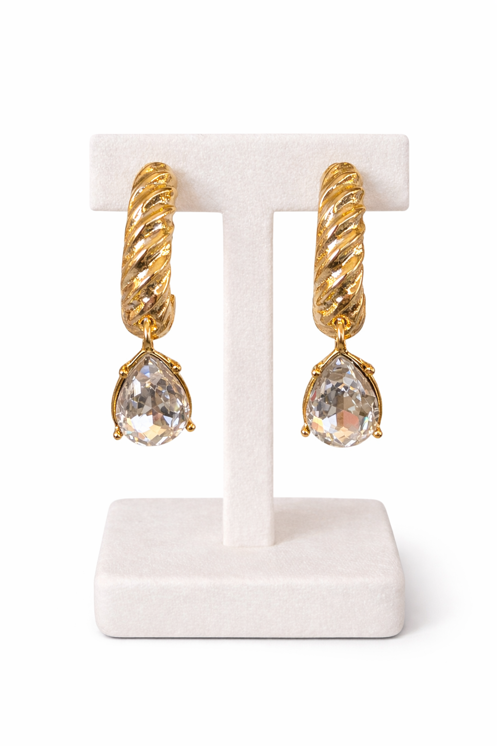 Gold Crystal Drop Earrings, Twisted Gold Hoop Earrings, Bridal Earrings, Teardrop Earrings, Elegant Statement Earrings, Wedding Jewelry