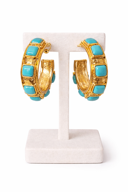 Turquoise Gold Hoop Earrings, Chunky Statement Hoops, Western Style Earrings, Bold Fashion Jewelry, Everyday Luxury Earrings, Gift for Her