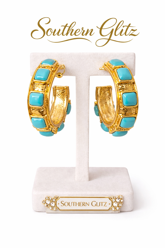 Turquoise Gold Hoop Earrings, Chunky Statement Hoops, Western Style Earrings, Bold Fashion Jewelry, Everyday Luxury Earrings, Gift for Her