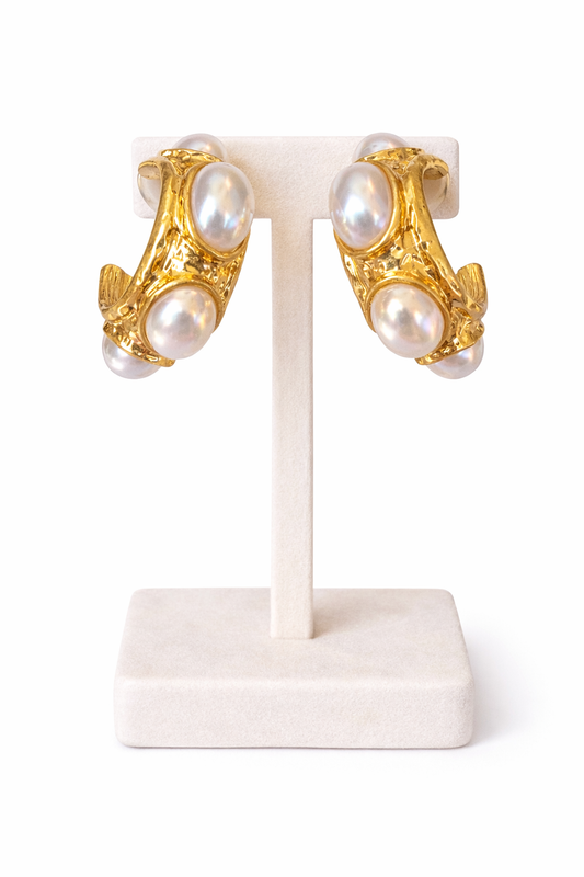 Gold Pearl Statement Earrings, Chunky Pearl Hoop Earrings, Bold Sculptural Earrings, Designer Inspired Jewelry, Luxury Statement Earrings