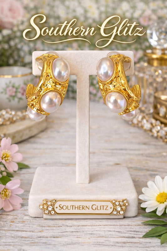 Gold Pearl Statement Earrings, Chunky Pearl Hoop Earrings, Bold Sculptural Earrings, Designer Inspired Jewelry, Luxury Statement Earrings