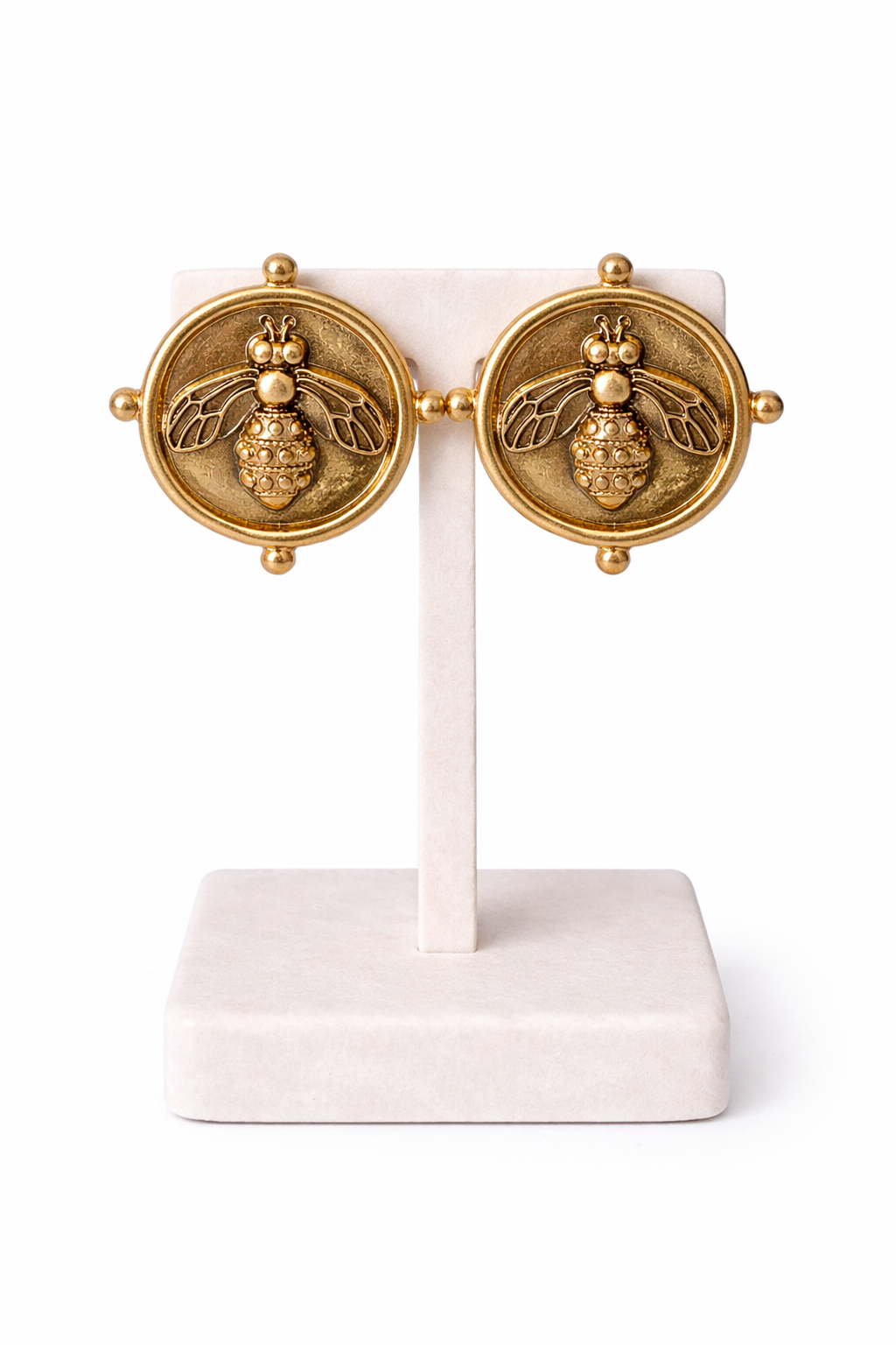 Gold Bee Statement Earrings, Vintage Style Bee Earrings, Round Medallion Earrings, Designer Inspired Jewelry, Bold Statement Earrings