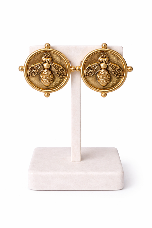 Gold Bee Statement Earrings, Vintage Style Bee Earrings, Round Medallion Earrings, Designer Inspired Jewelry, Bold Statement Earrings