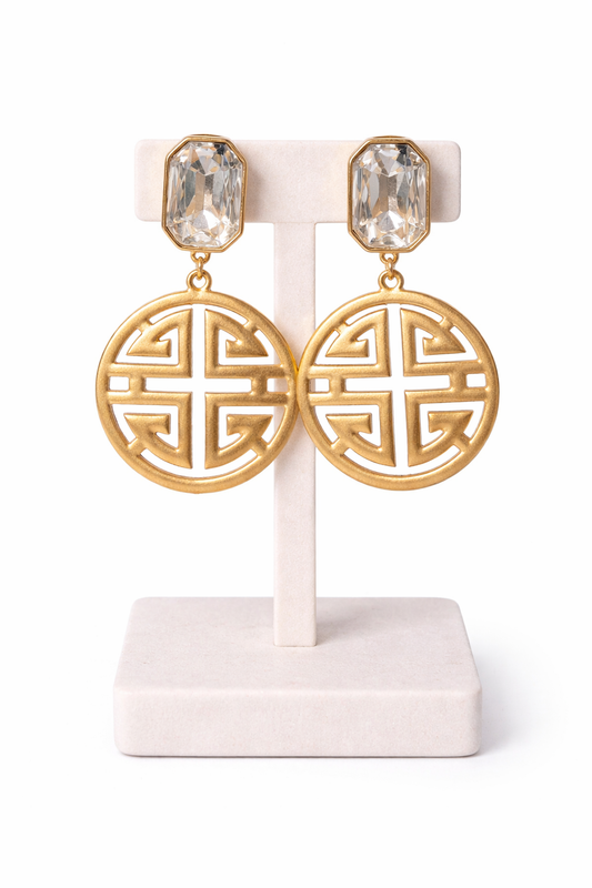 Gold Medallion Statement Earrings, Crystal Drop Earrings, Chinoiserie Style Earrings, Round Statement Earrings, Designer Inspired Jewelry