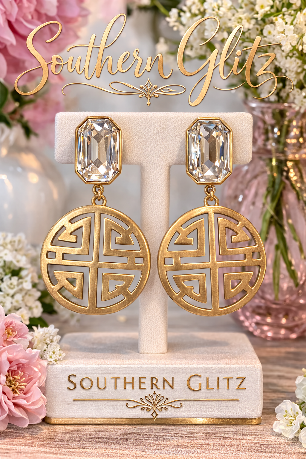 Gold Medallion Statement Earrings, Crystal Drop Earrings, Chinoiserie Style Earrings, Round Statement Earrings, Designer Inspired Jewelry