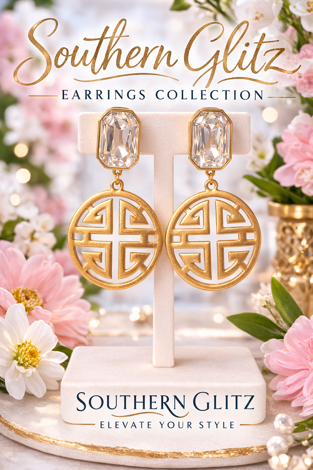Gold Medallion Statement Earrings, Crystal Drop Earrings, Chinoiserie Style Earrings, Round Statement Earrings, Designer Inspired Jewelry