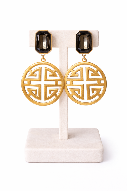 Gold Medallion Statement Earrings, Black Crystal Drop Earrings, Chinoiserie Style Earrings, Bold Statement Earrings, Designer Inspired Jewelry