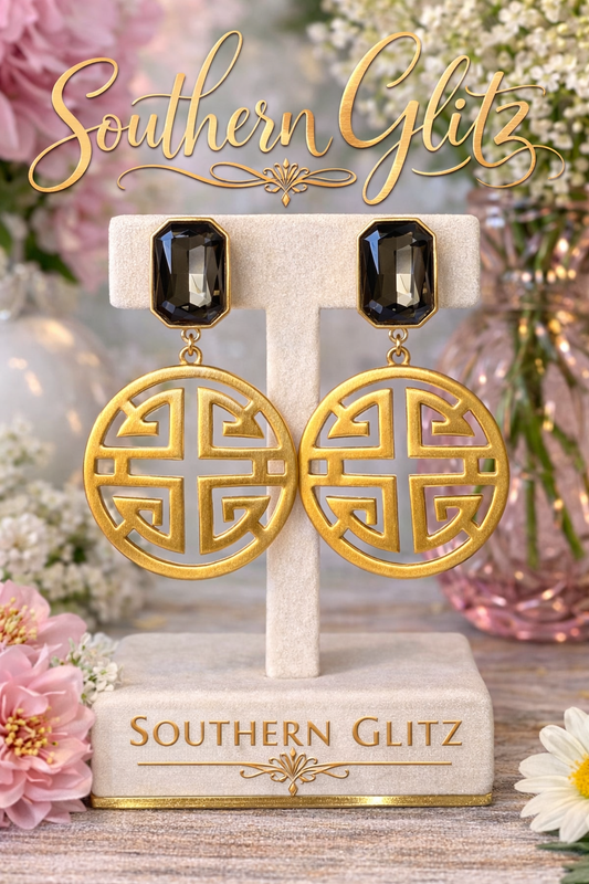 Gold Medallion Statement Earrings, Black Crystal Drop Earrings, Chinoiserie Style Earrings, Bold Statement Earrings, Designer Inspired Jewelry