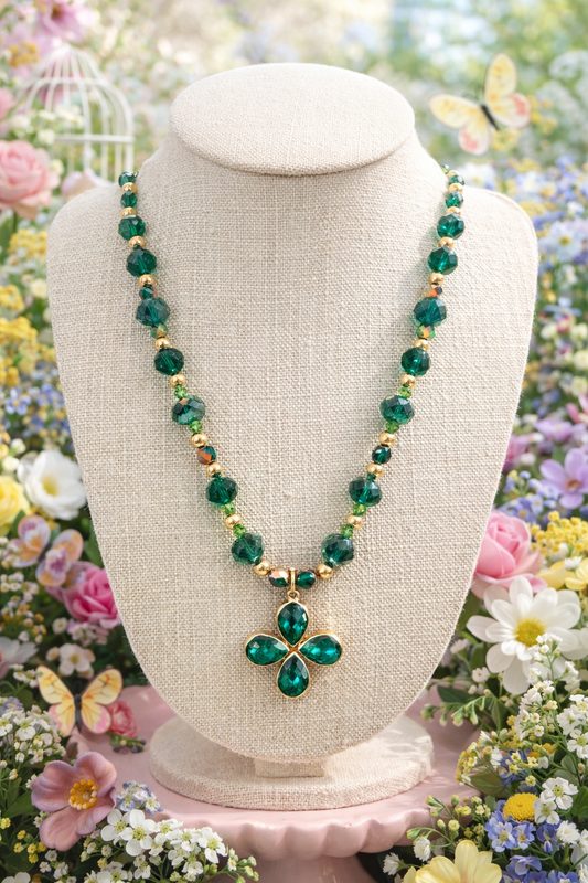 Green Crystal Clover Necklace – Gold Beaded Statement Necklace – St. Patrick’s Day Jewelry – Spring Floral Jewelry – Southern Glitz