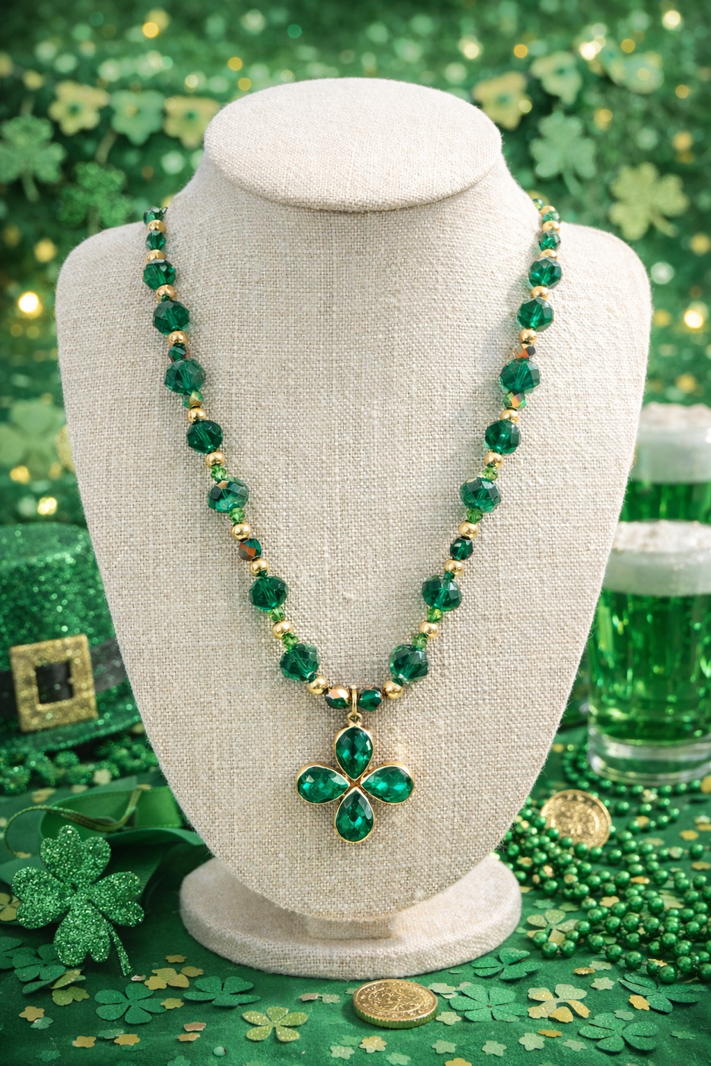 Green Crystal Clover Necklace – Gold Beaded Statement Necklace – St. Patrick’s Day Jewelry – Spring Floral Jewelry – Southern Glitz