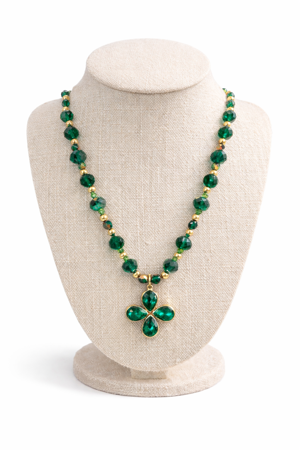 Green Crystal Clover Necklace – Gold Beaded Statement Necklace – St. Patrick’s Day Jewelry – Spring Floral Jewelry – Southern Glitz