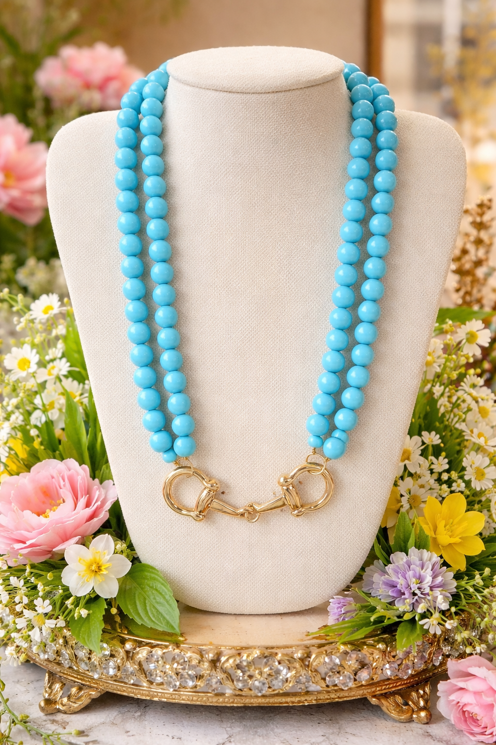 Southern Glitz Turquoise color Double Strand Necklace | Gold Horsebit Clasp Necklace | Western Statement Jewelry | Coastal Cowgirl Style
