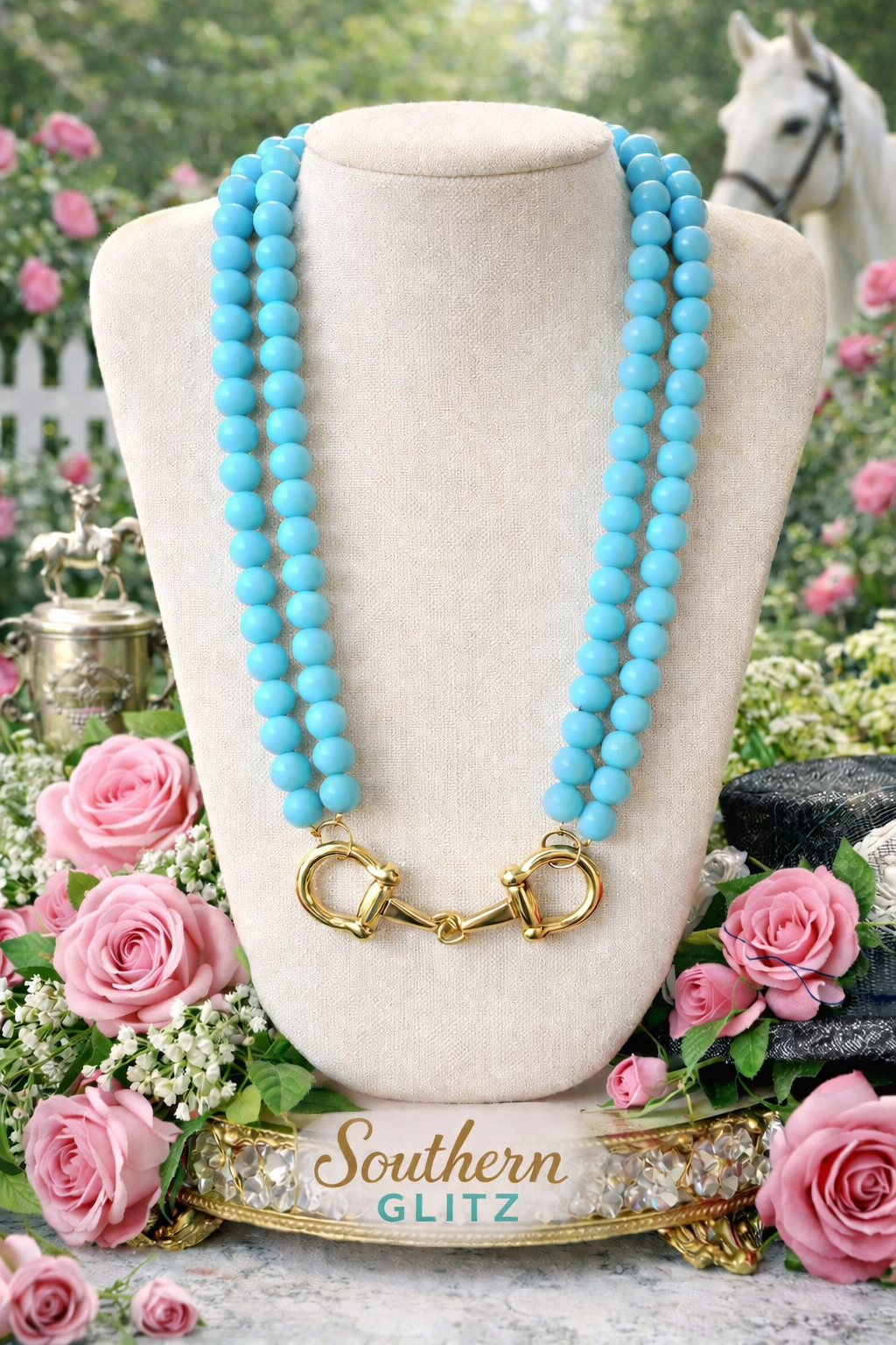 Southern Glitz Turquoise color Double Strand Necklace | Gold Horsebit Clasp Necklace | Western Statement Jewelry | Coastal Cowgirl Style