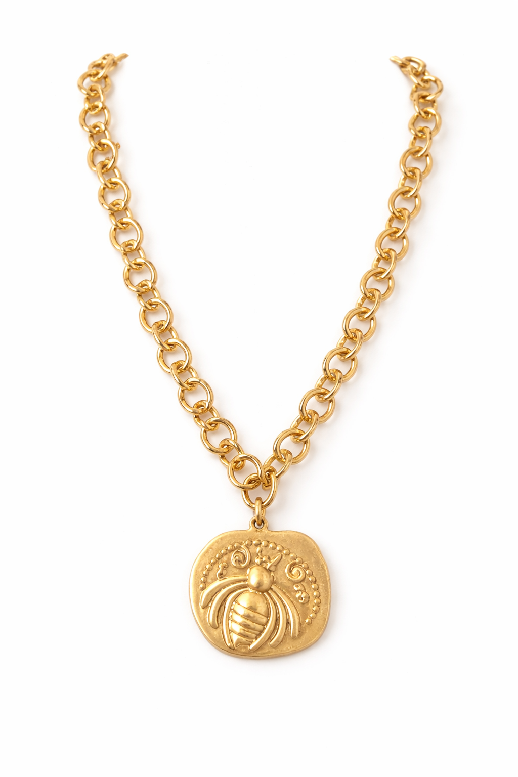 Gold Bee Pendant Necklace, Chunky Chain Necklace, Statement Bee Necklace, Vintage Style Pendant, Bold Gold Necklace, Designer Inspired Jewelry