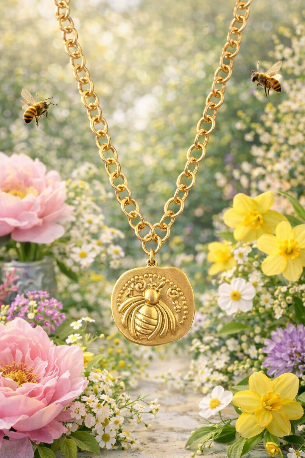 Gold Bee Pendant Necklace, Chunky Chain Necklace, Statement Bee Necklace, Vintage Style Pendant, Bold Gold Necklace, Designer Inspired Jewelry