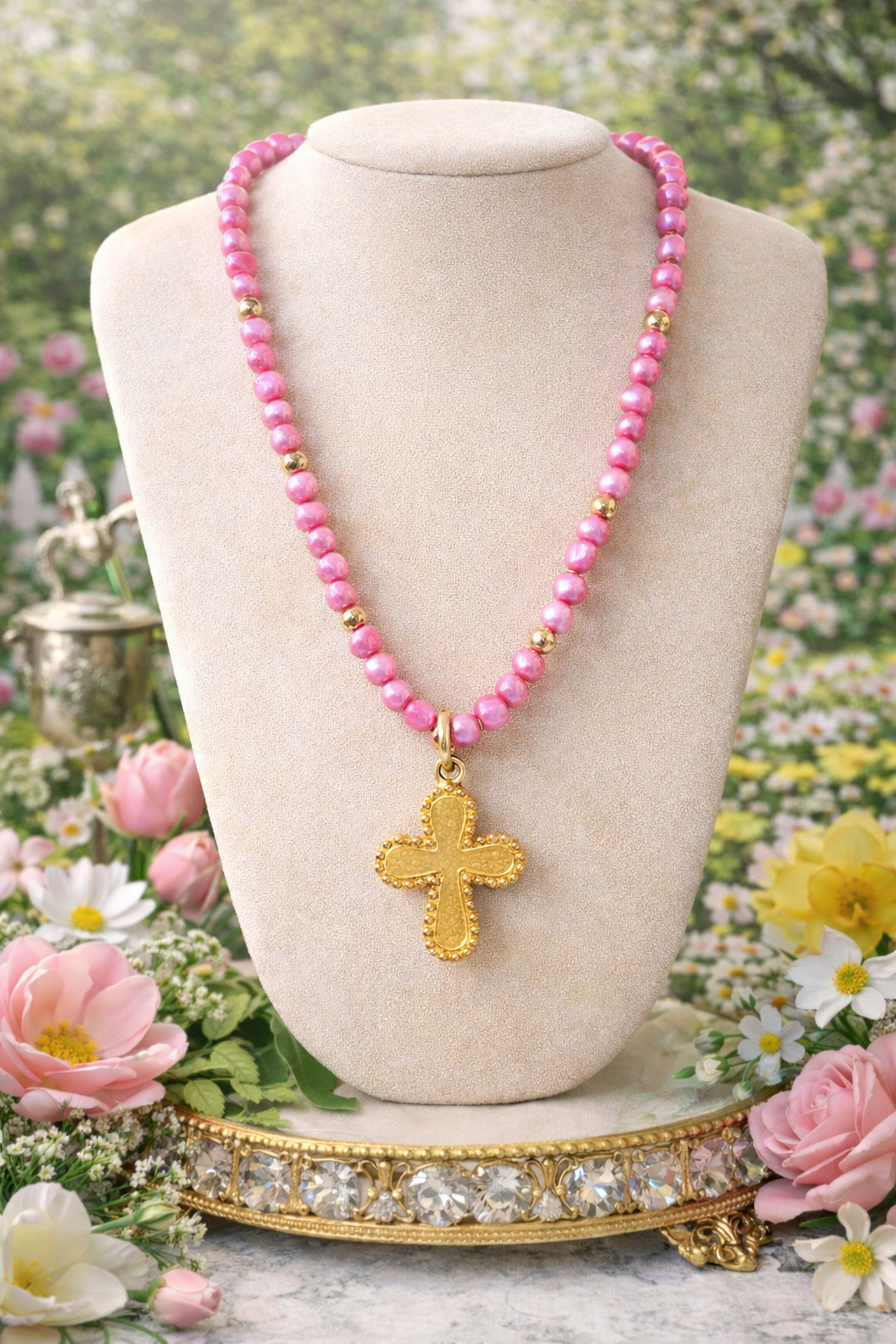 Pink Beaded Cross Necklace, Gold Cross Pendant Necklace, Southern Style Jewelry, Feminine Statement Necklace, Easter Jewelry Gift for Her