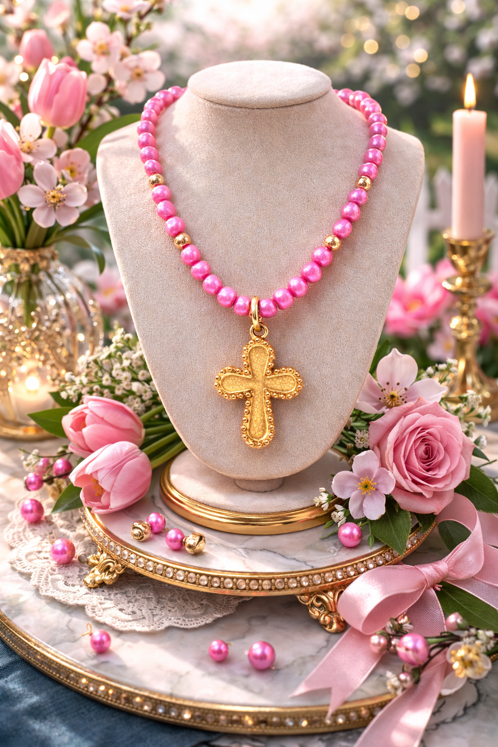 Pink Beaded Cross Necklace, Gold Cross Pendant Necklace, Southern Style Jewelry, Feminine Statement Necklace, Easter Jewelry Gift for Her