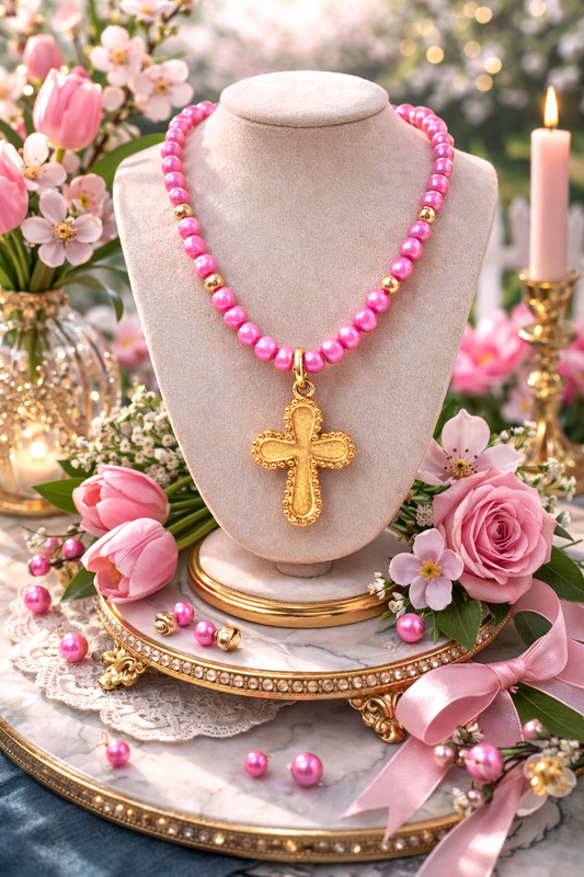 Pink Beaded Cross Necklace, Gold Cross Pendant Necklace, Southern Style Jewelry, Feminine Statement Necklace, Easter Jewelry Gift for Her