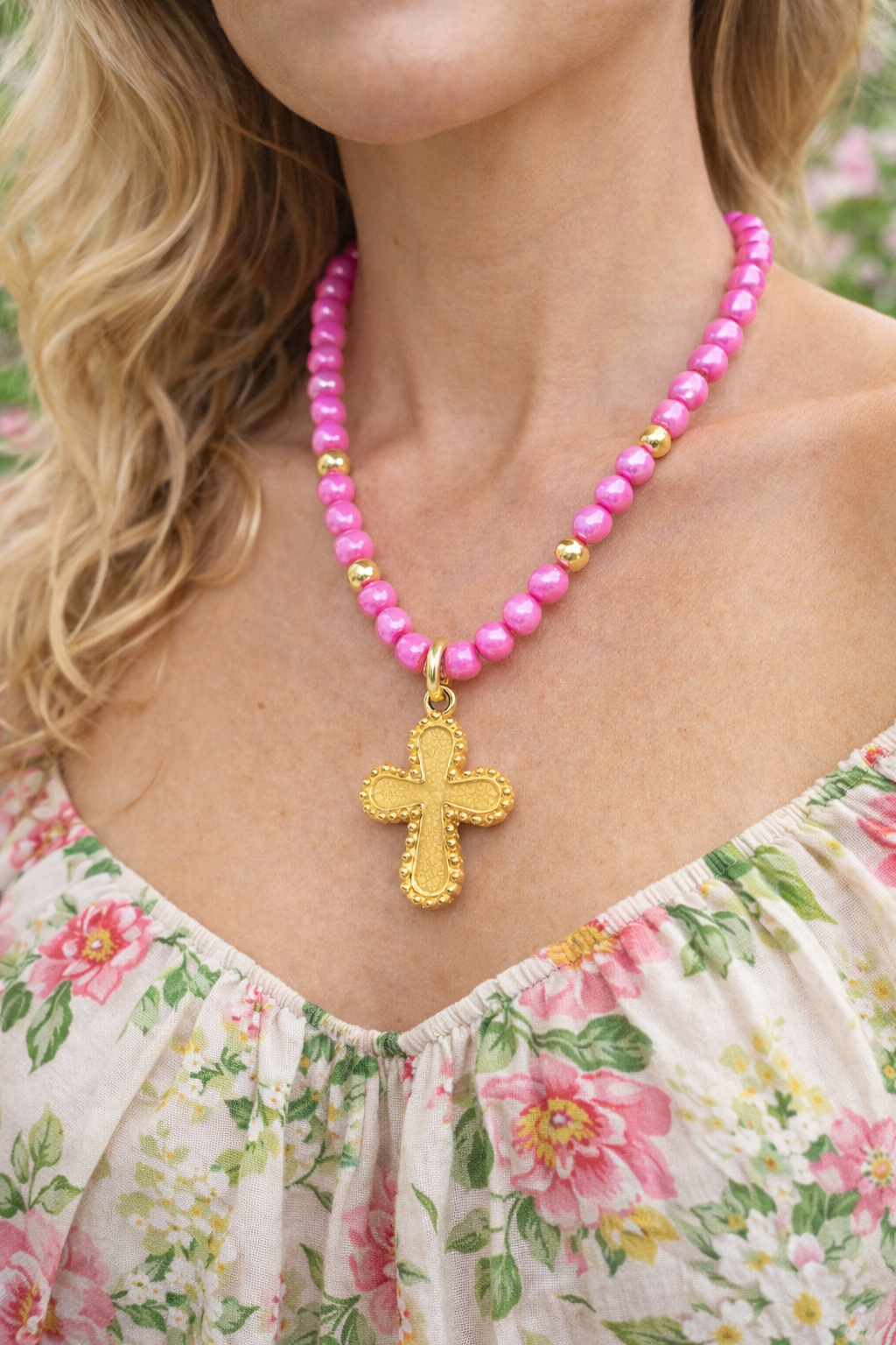Pink Beaded Cross Necklace, Gold Cross Pendant Necklace, Southern Style Jewelry, Feminine Statement Necklace, Easter Jewelry Gift for Her