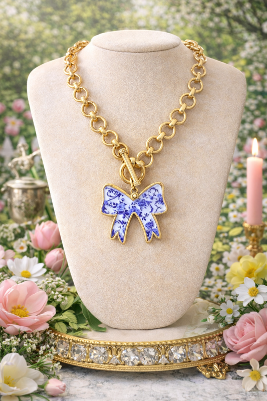 Blue Toile Bow Necklace, Gold Chain Statement Necklace, Southern Style Jewelry, Feminine Charm Necklace, Preppy Chic Gift for Her