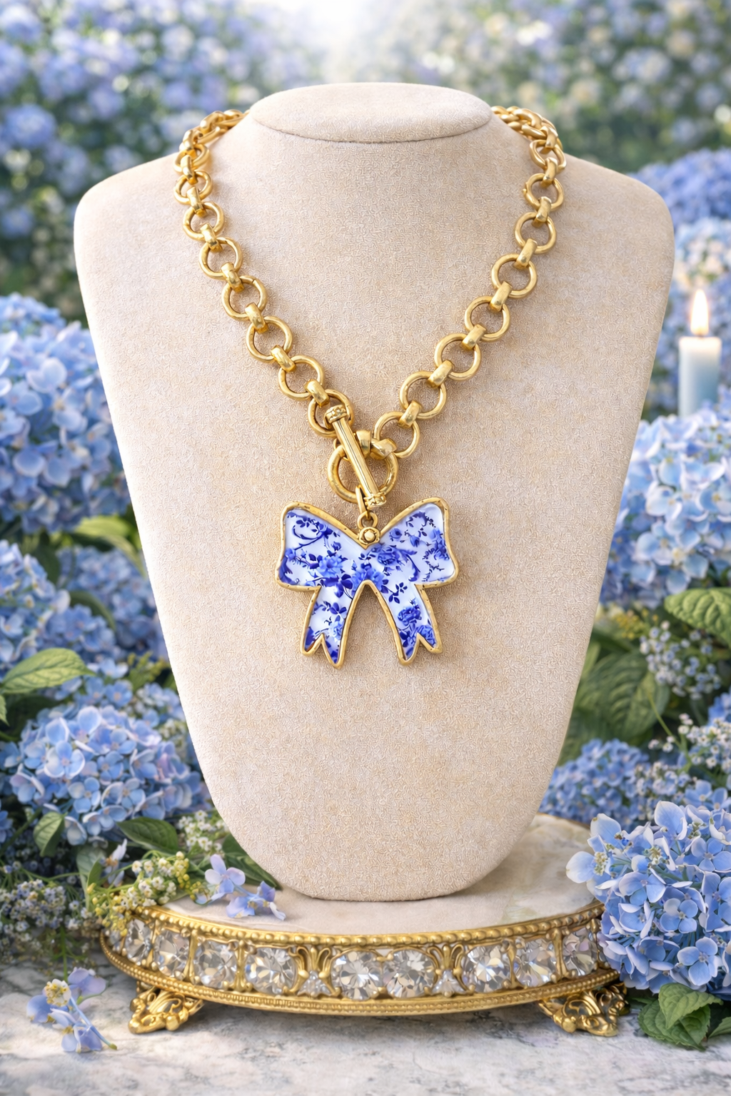 Blue Toile Bow Necklace, Gold Chain Statement Necklace, Southern Style Jewelry, Feminine Charm Necklace, Preppy Chic Gift for Her