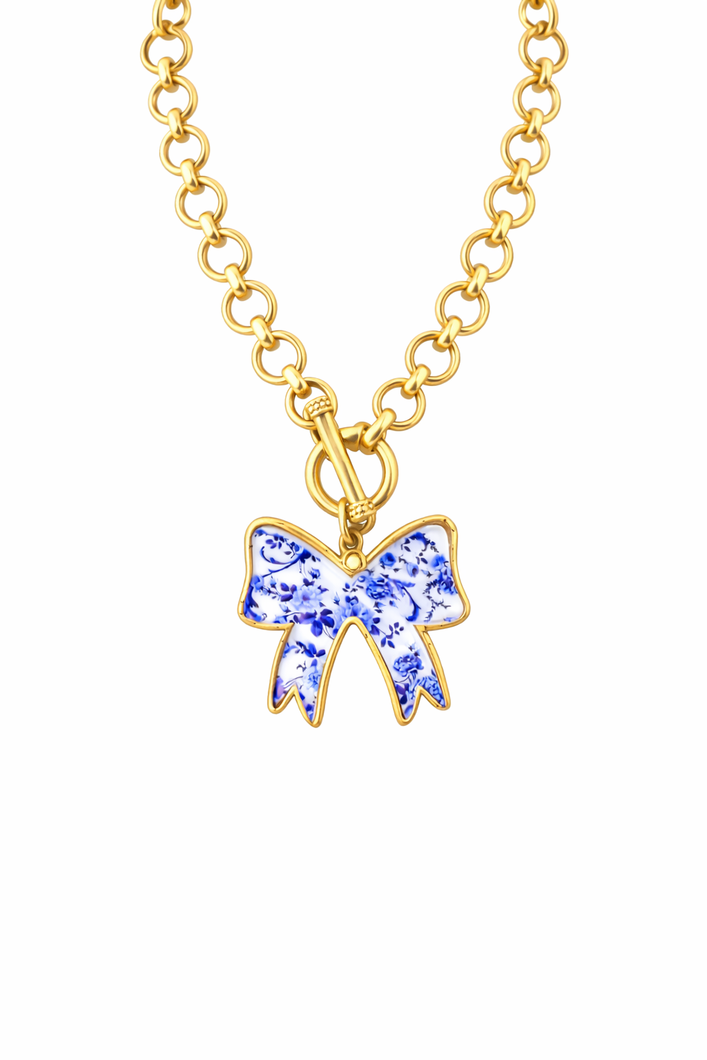 Blue Toile Bow Necklace, Gold Chain Statement Necklace, Southern Style Jewelry, Feminine Charm Necklace, Preppy Chic Gift for Her