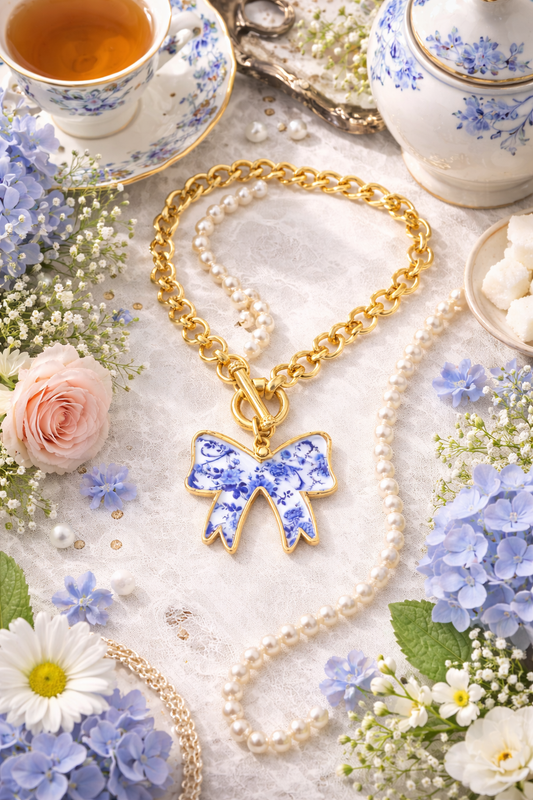 Blue Toile Bow Necklace, Gold Chain Statement Necklace, Southern Style Jewelry, Feminine Charm Necklace, Preppy Chic Gift for Her